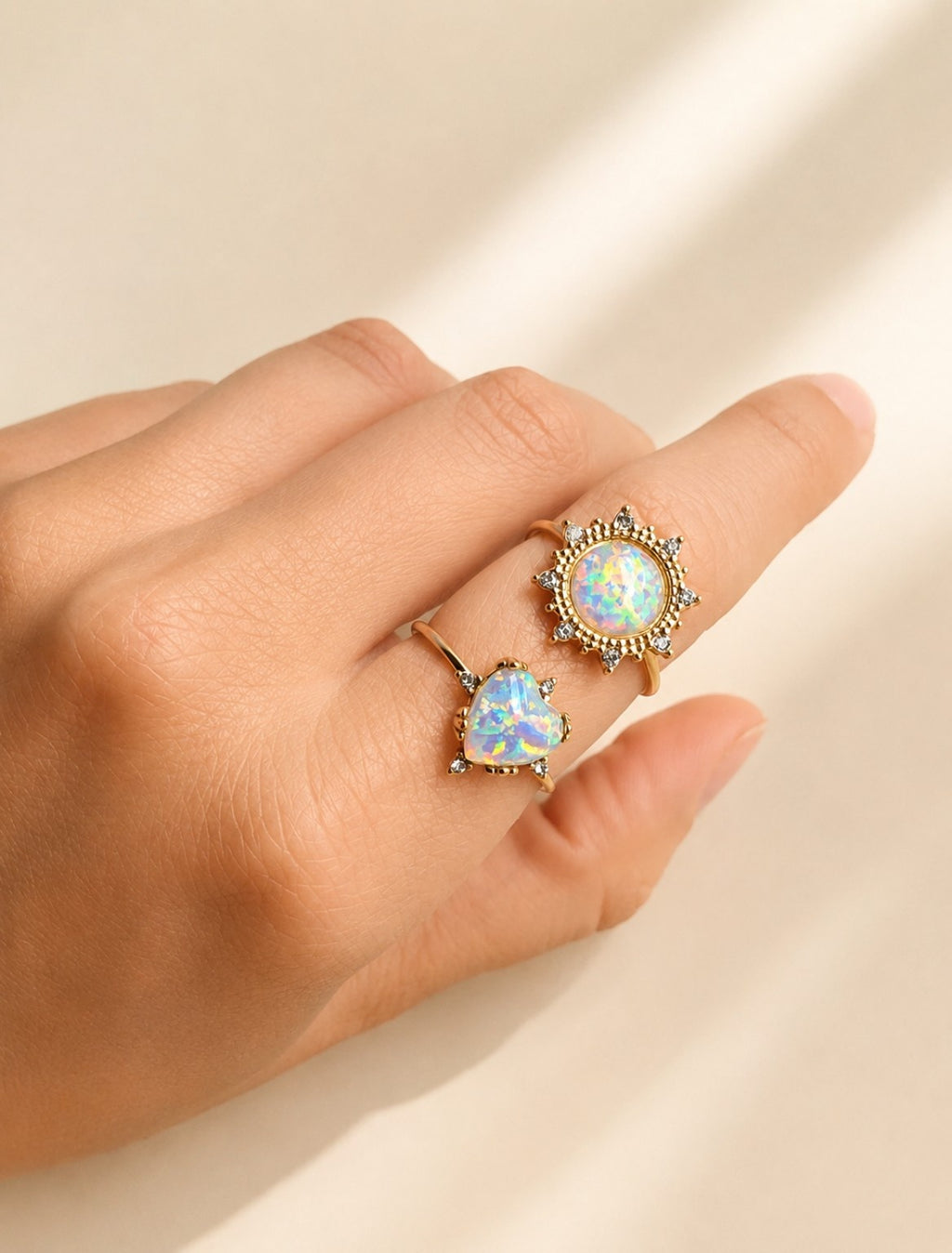 Sunflower opal ring with 18K gold plating and sparkling CZ accents.