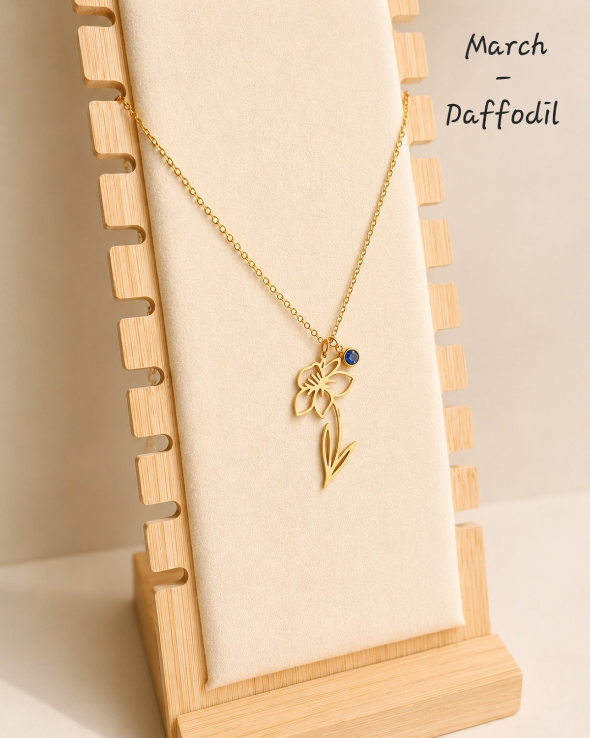 Engraved birth flower pendant necklace with birthstone in 18K gold-plated stainless steel.