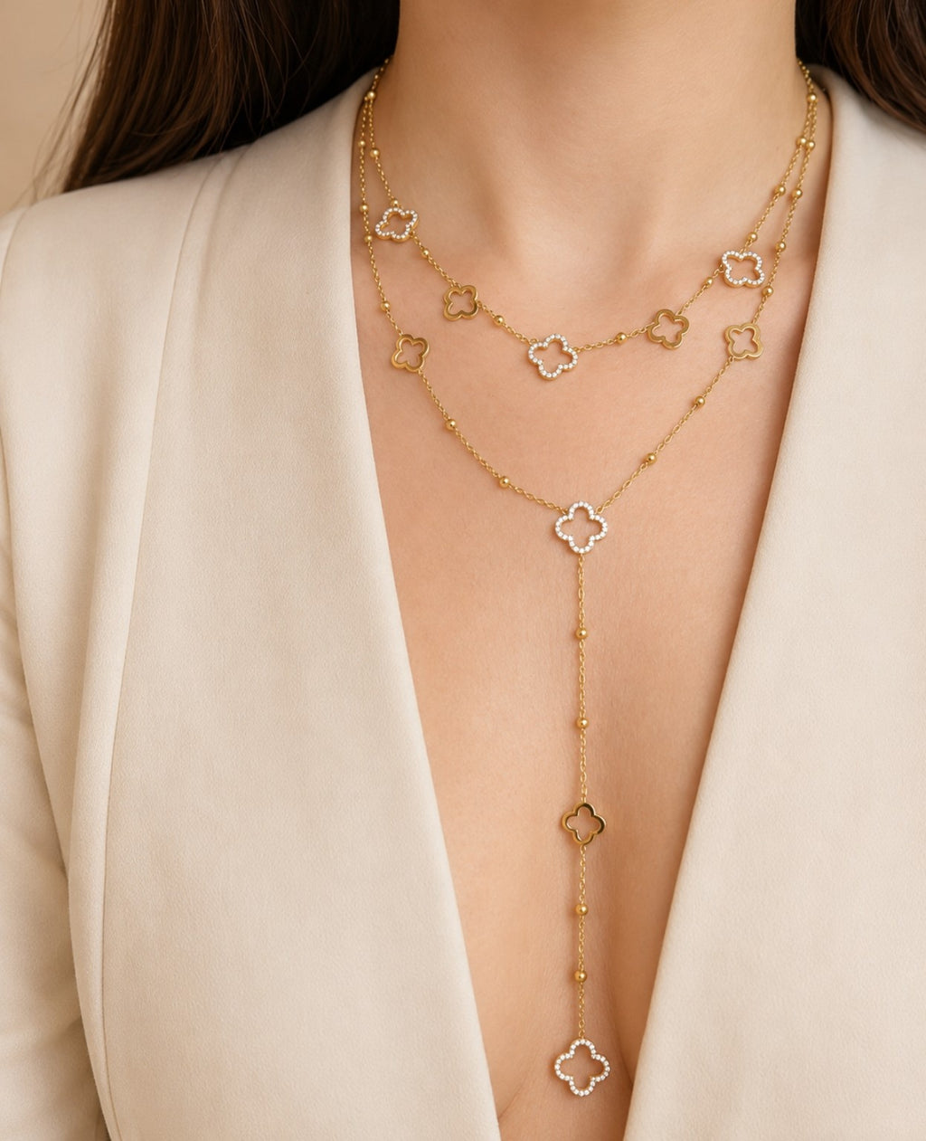 Layered clover necklace set with an 18K gold-plated clover choker and Y necklace.