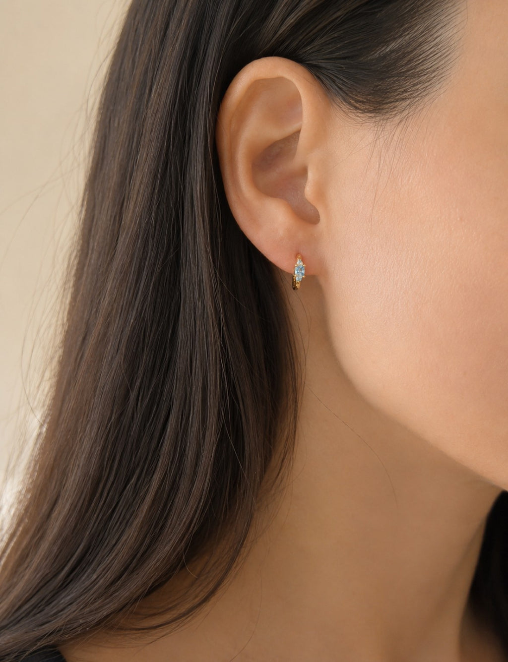 Huggie Earrings With Aquamarine 18K Gold Plated Blue Gemstone Hoops