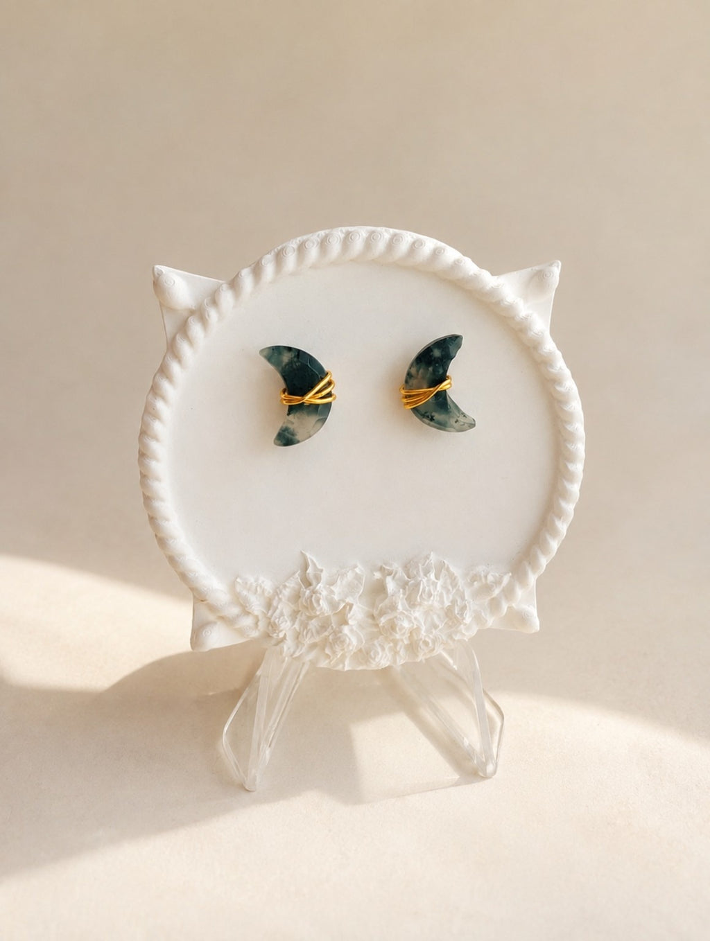 Moon Moss Agate Labradorite Earrings 14K Gold Plated Crescent Crystal Studs Gift for Her