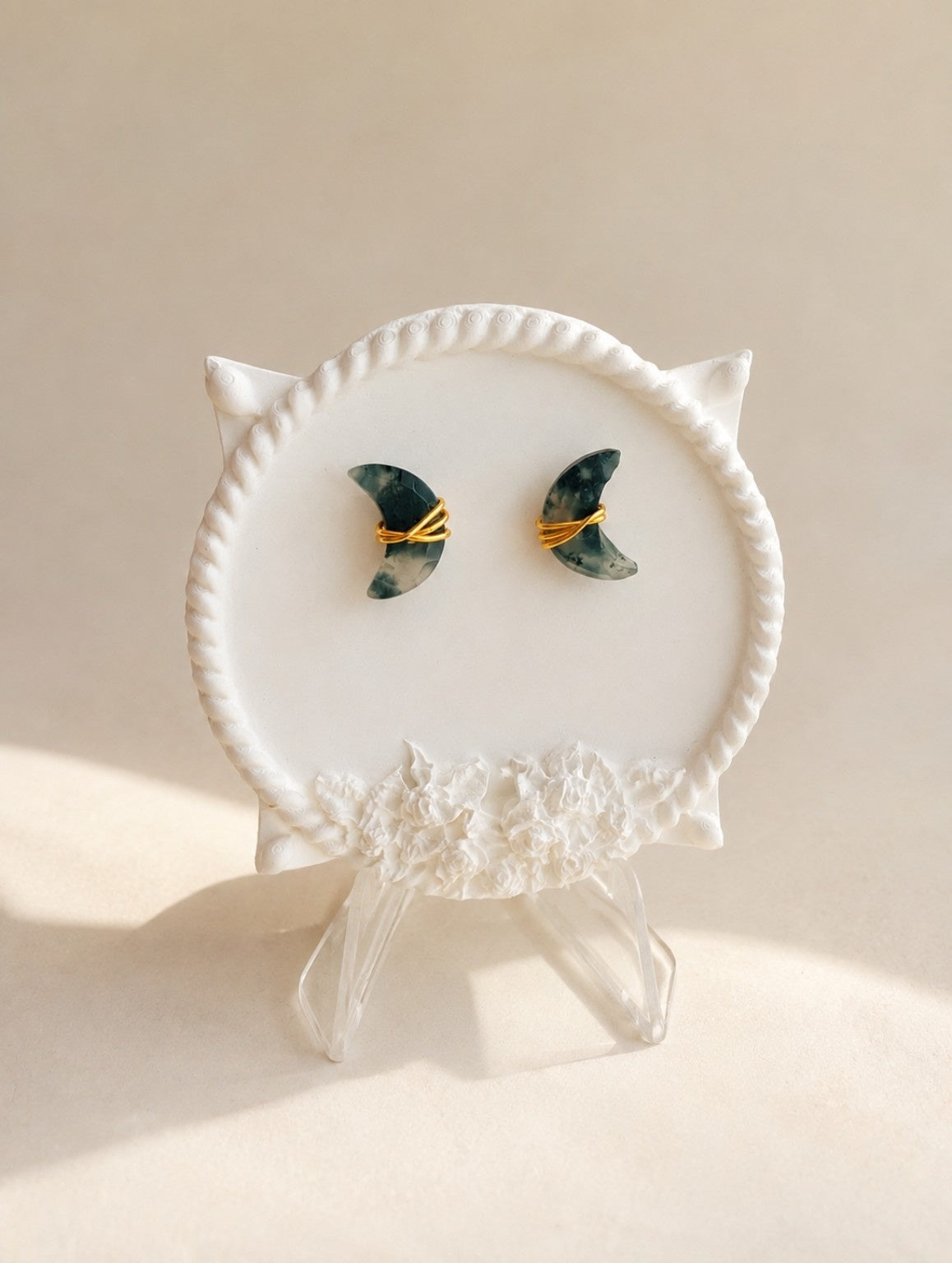 Moon Moss Agate Labradorite Earrings 14K Gold Plated Crescent Crystal Studs Gift for Her