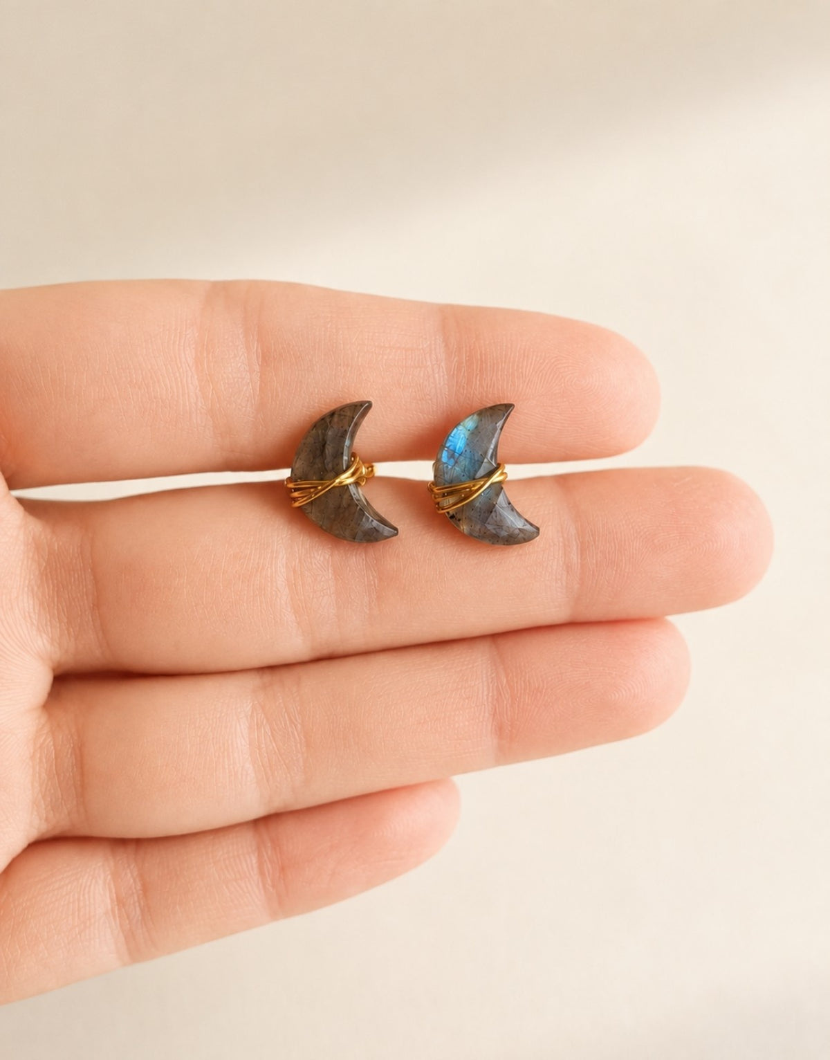 Moon Moss Agate Labradorite Earrings 14K Gold Plated Crescent Crystal Studs Gift for Her
