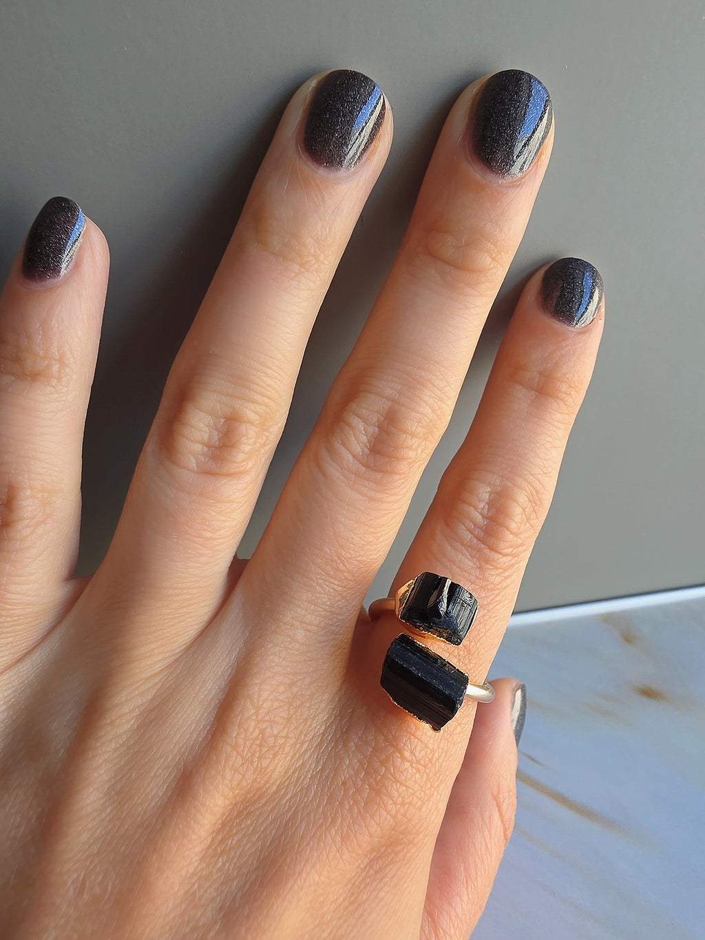 14K gold-plated chunky ring with a polished setting and black tourmaline stone.