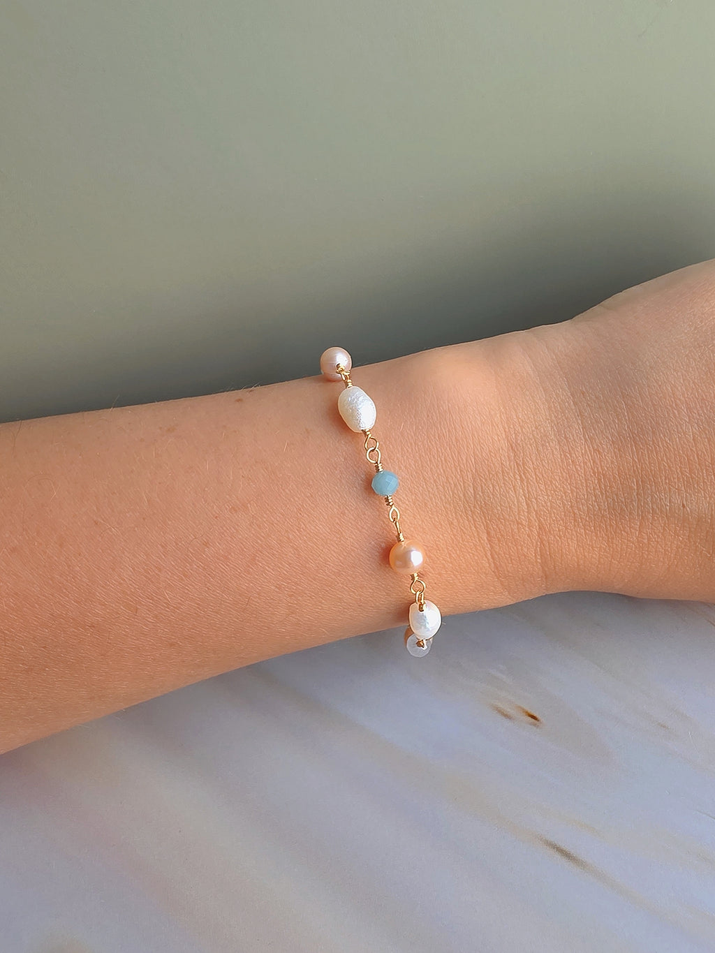 Women's 14K gold-plated freshwater pearl bracelet with aquamarine beads.