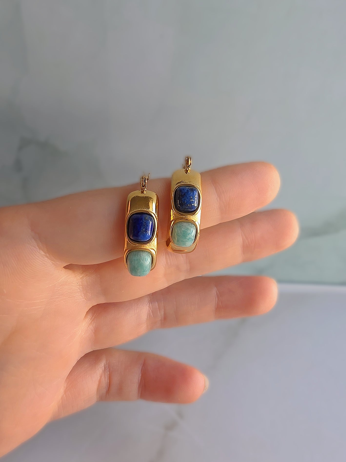 Vintage-inspired chunky gold hoops with genuine turquoise gemstones.