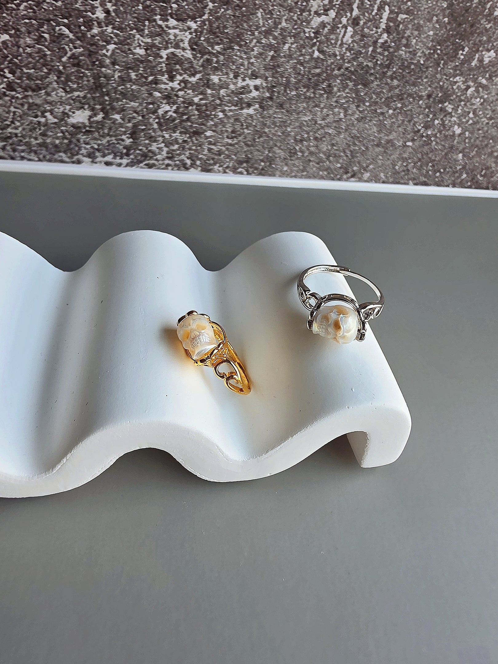 Unique gothic pearl skull ring birthday gift for women.