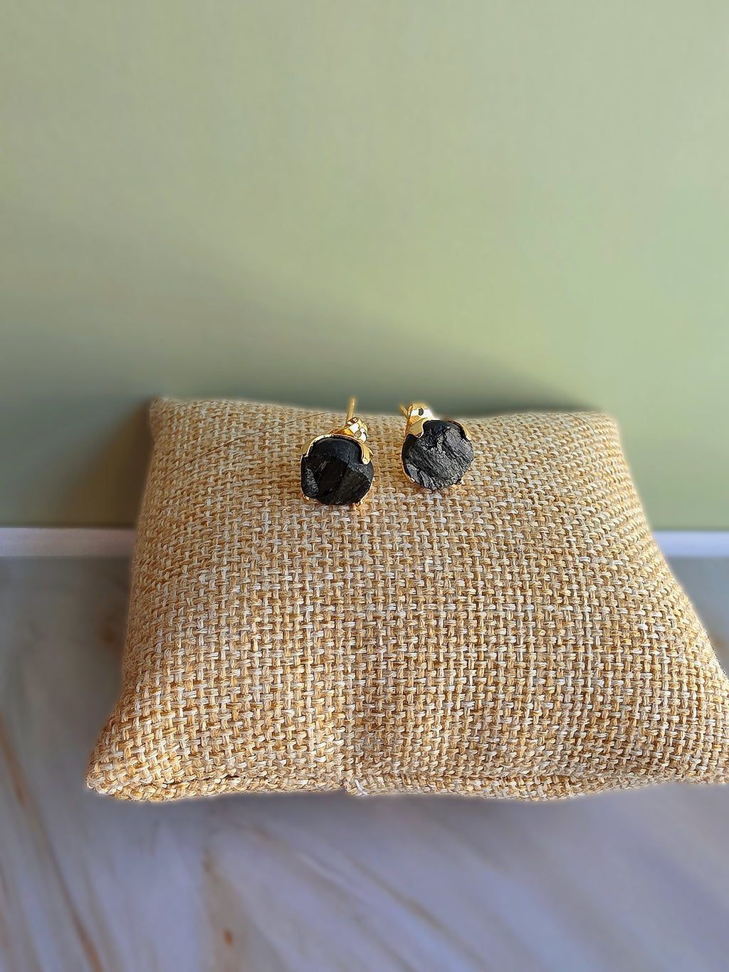 Elegant raw crystal stud earrings with genuine black tourmaline gemstones.