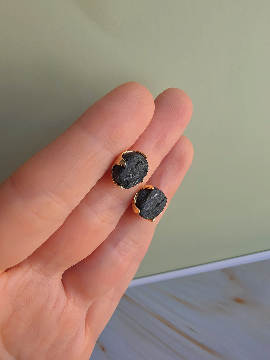 Raw black tourmaline gemstone stud earrings designed for a timeless look.