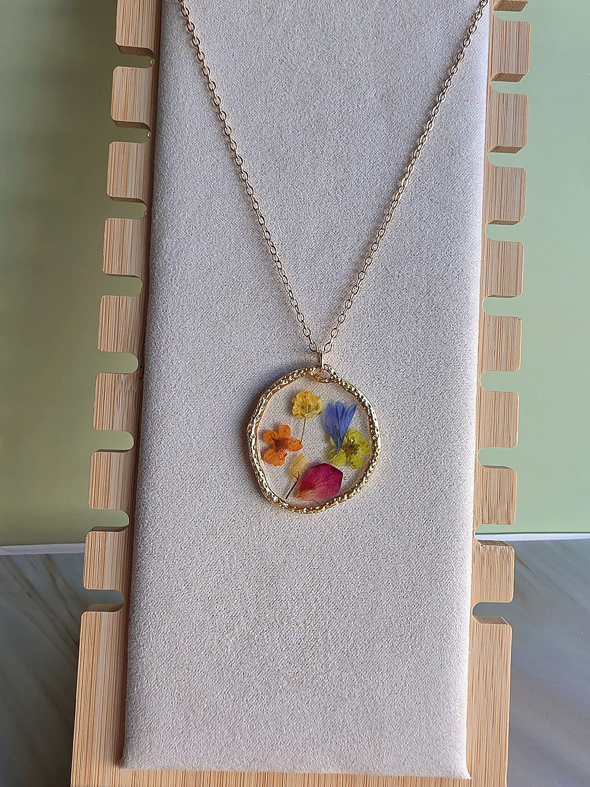 Teardrop real pressed flower pendant necklace.