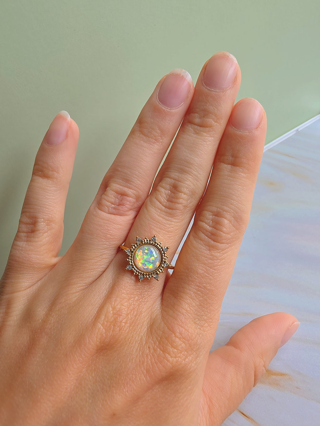 Non-tarnish 18K gold-plated opal rings perfect for gifting and stacking.