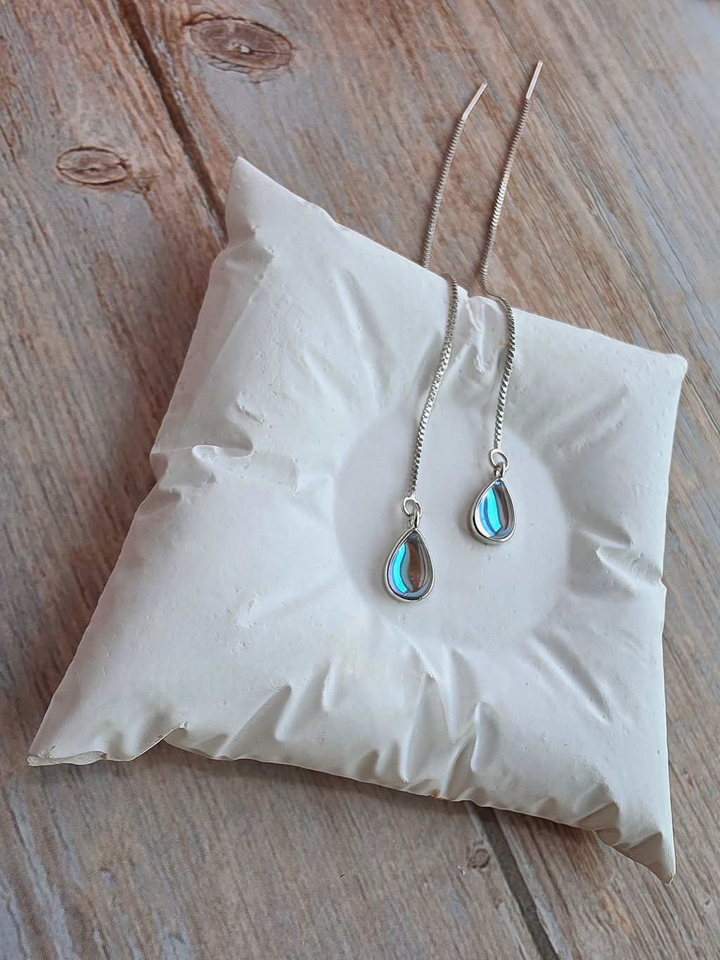 June birthstone threader earrings with natural moonstone and sterling silver chain.