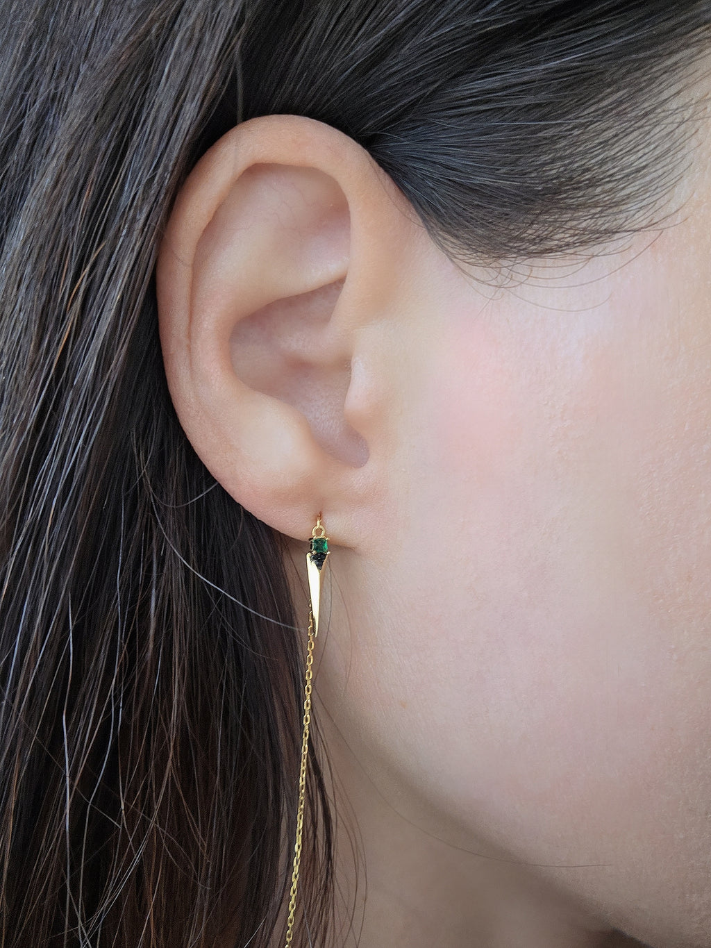 18K gold-plated sterling silver threader earrings featuring vibrant emerald gemstones.