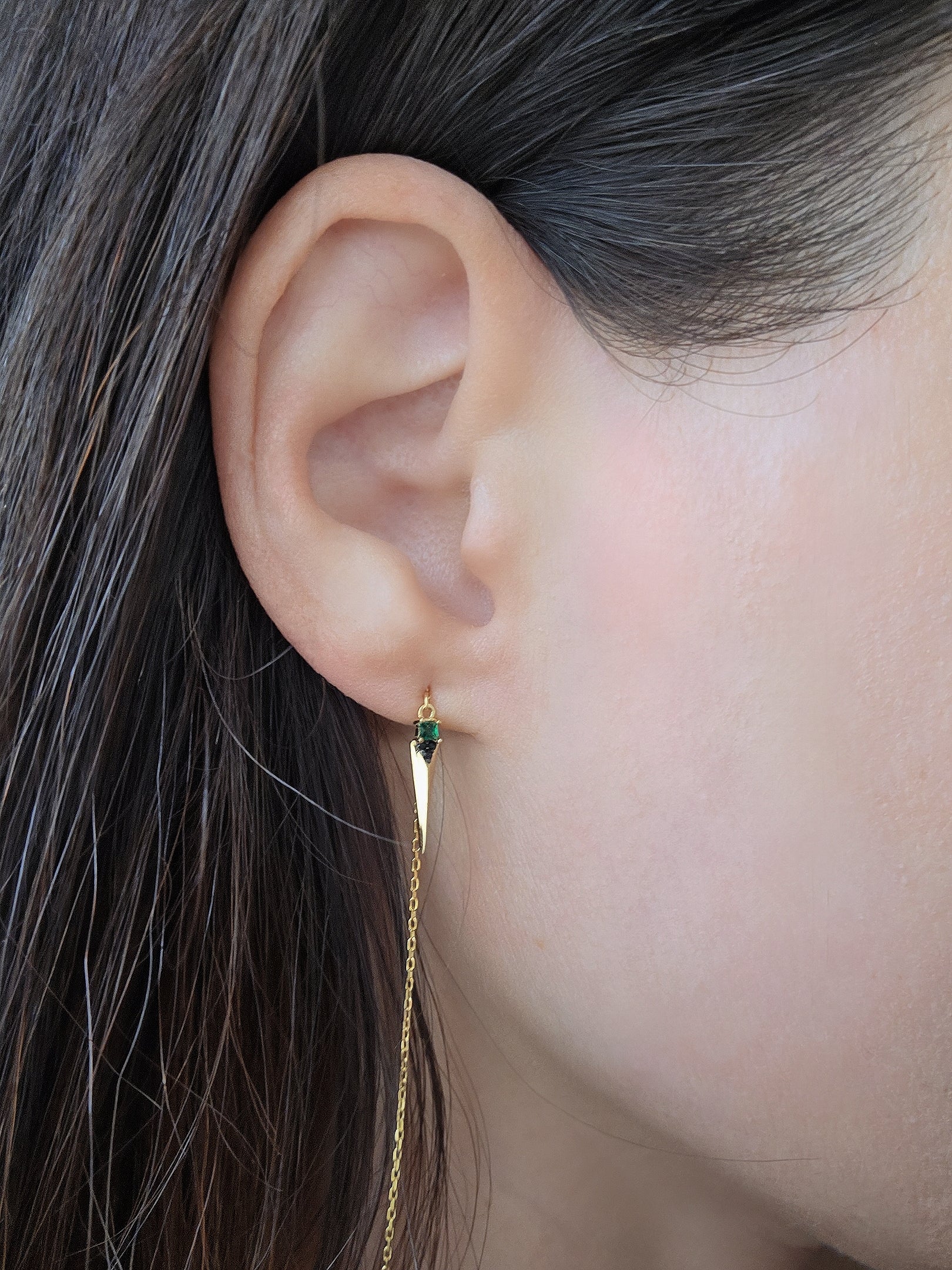 18K gold-plated sterling silver threader earrings featuring vibrant emerald gemstones.