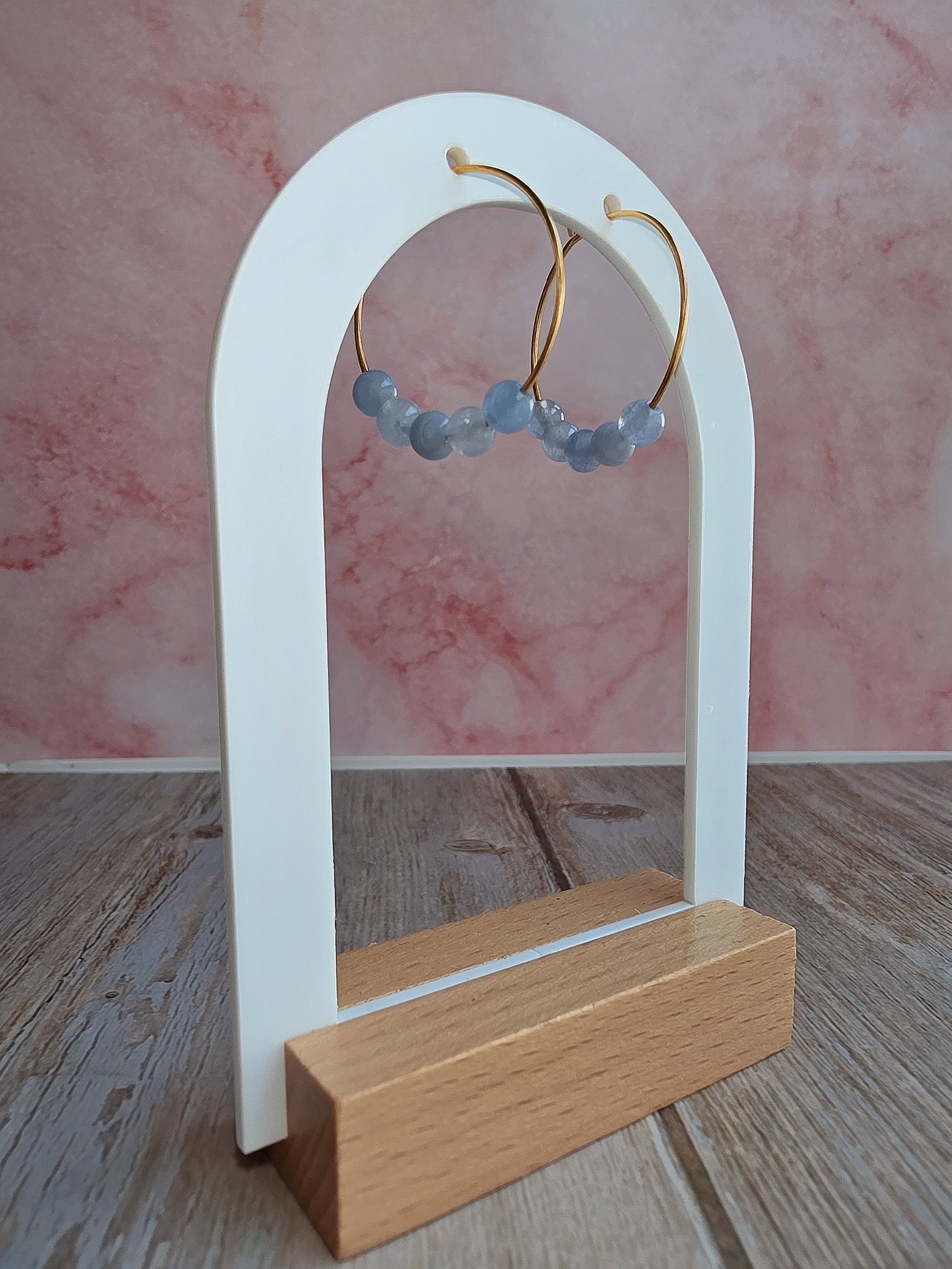 Women's aquamarine beaded hoop earrings for everyday wear and special occasions.