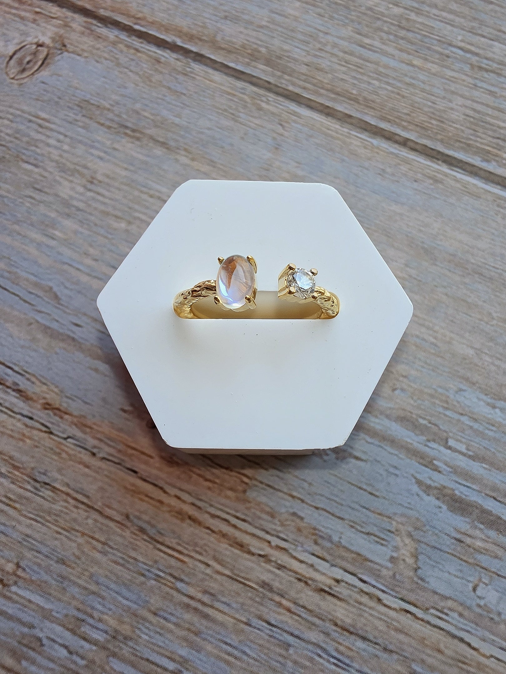 June birthstone rainbow moonstone ring with a polished hammered texture.