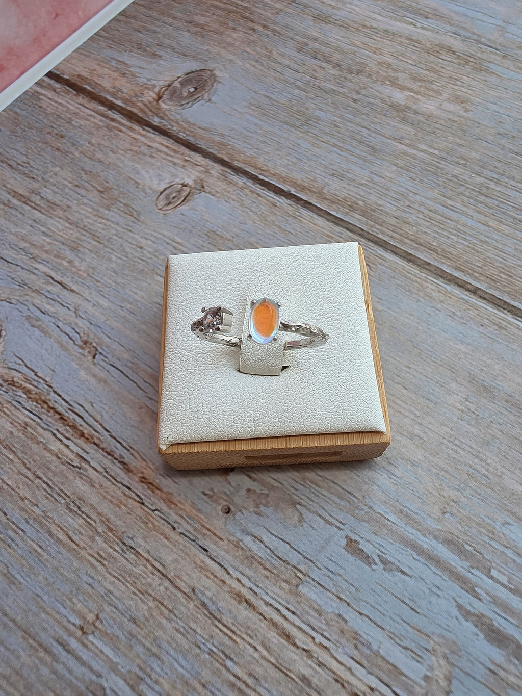 Minimalist hammered rainbow moonstone ring for everyday wear and gifting.