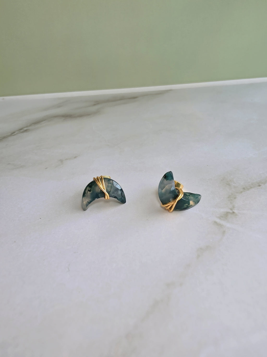 Elegant crescent moon gemstone stud earrings with Moss Agate and Labradorite.