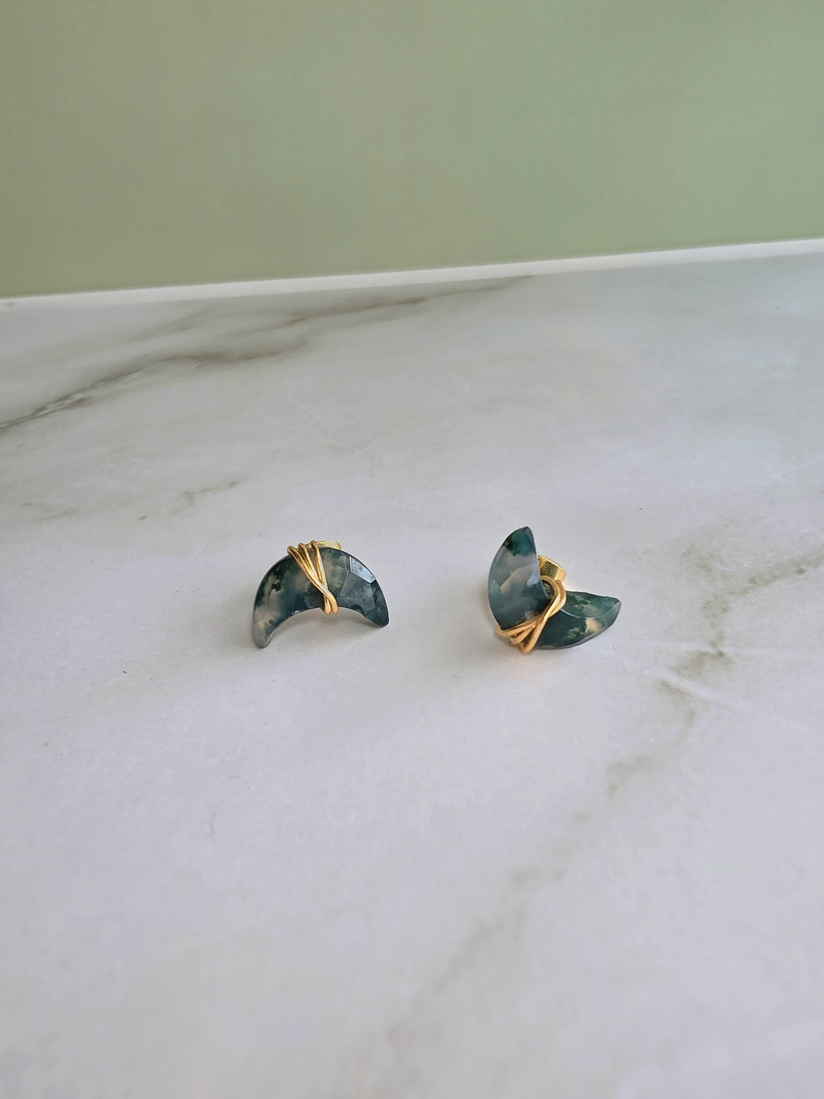 Elegant crescent moon gemstone stud earrings with Moss Agate and Labradorite.