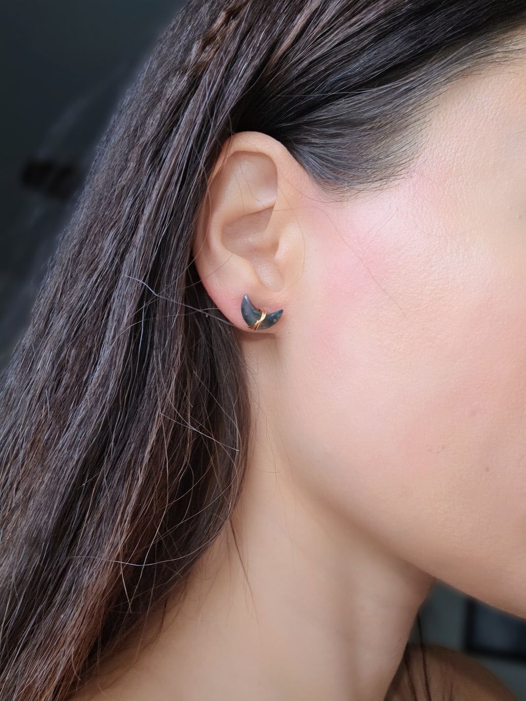 14K gold-plated crescent moon stud earrings featuring Moss Agate and Labradorite gemstones.