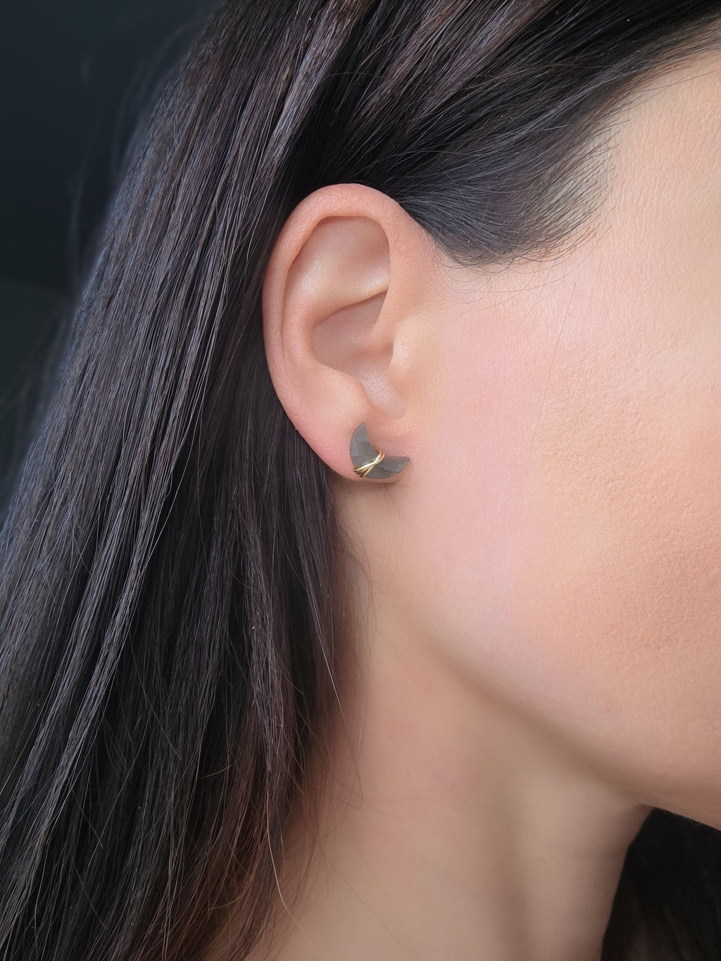 Gold crescent moon earrings with Moss Agate and Labradorite for everyday wear.