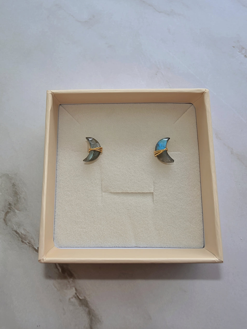 14K gold-plated crescent moon stud earrings featuring Moss Agate and Labradorite gemstones.