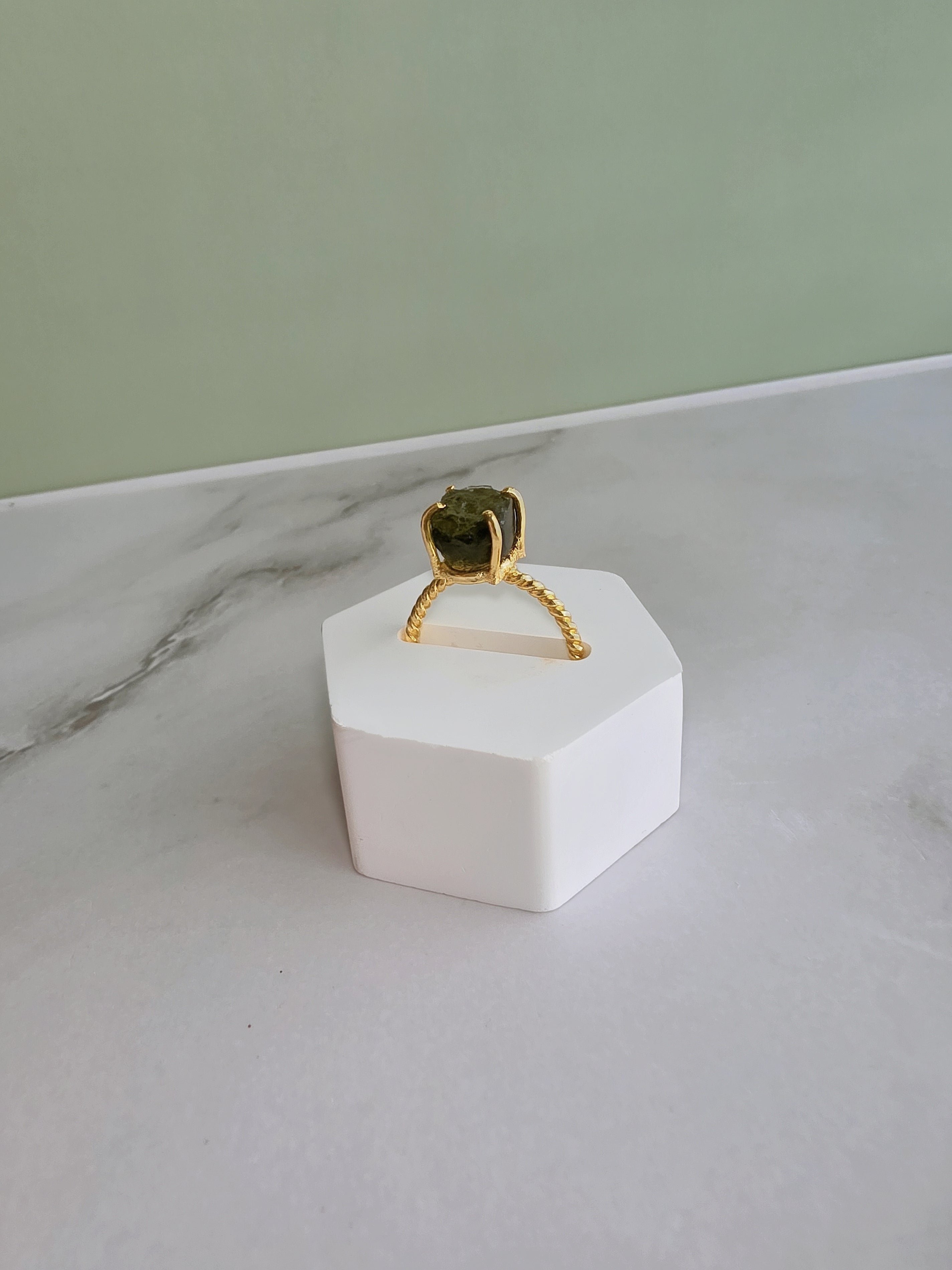 Natural moldavite ring with an adjustable 18K gold-plated band for everyday wear and gifting.