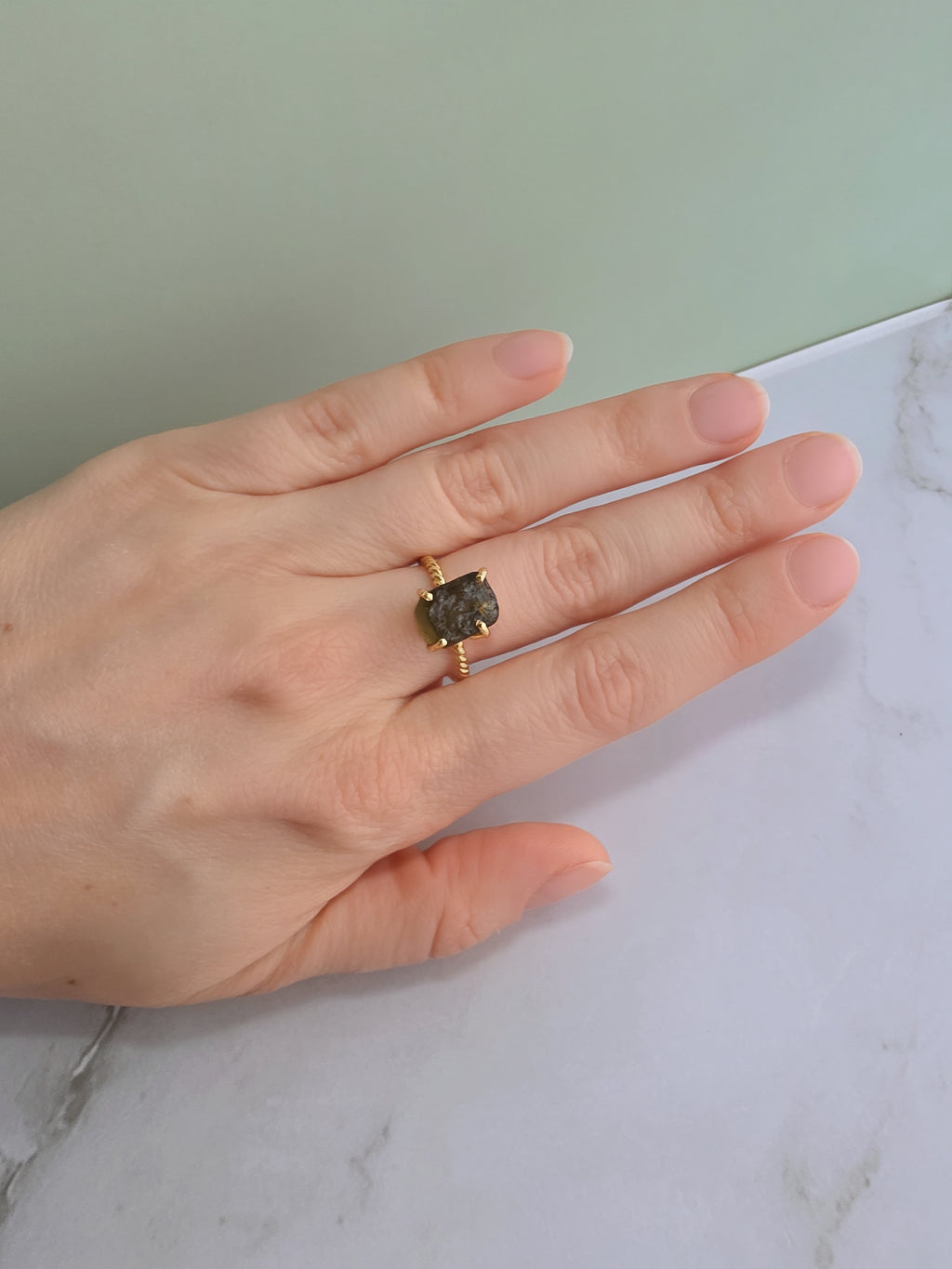 Natural moldavite crystal statement ring with an adjustable gold-plated band for women.