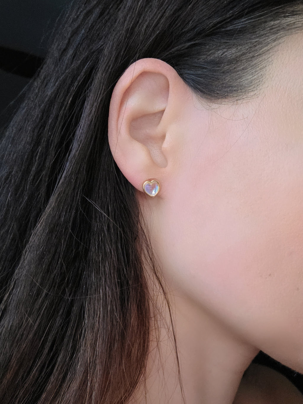 14K gold-plated heart earrings featuring luminous moonstone-style stones.