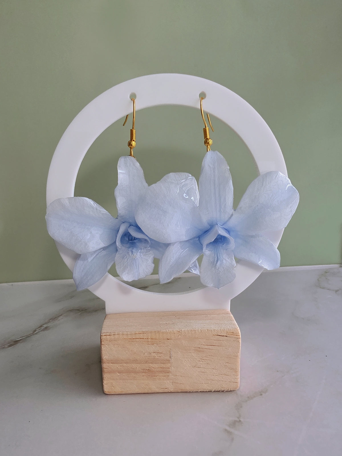Statement orchid earrings with genuine preserved flowers for women.