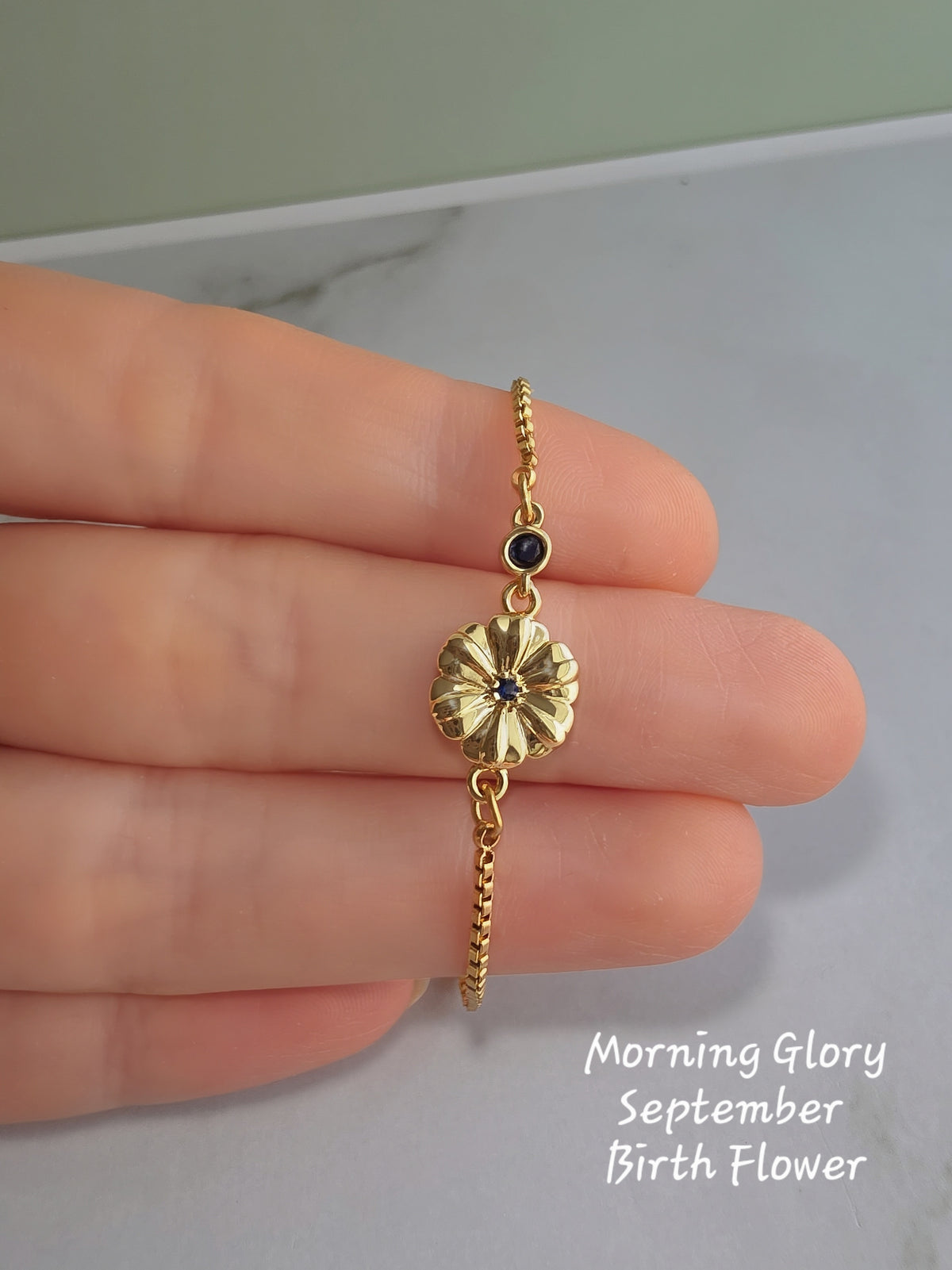 Elegant personalized birth flower bracelet for birthdays and gifts.