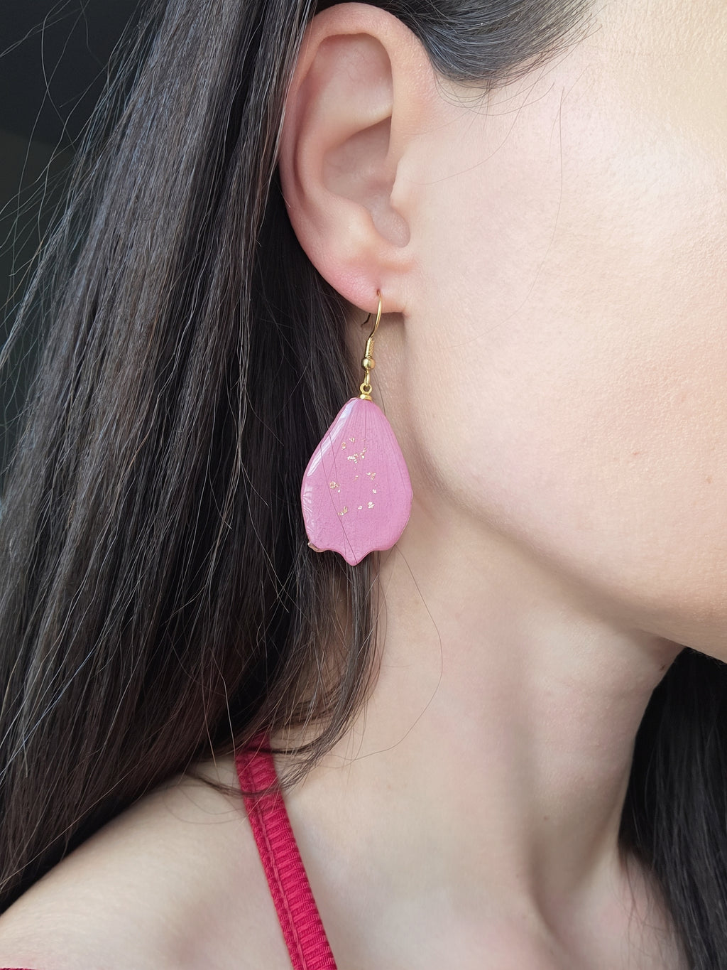 Red rose preserved flower earrings in a botanical dangle design.