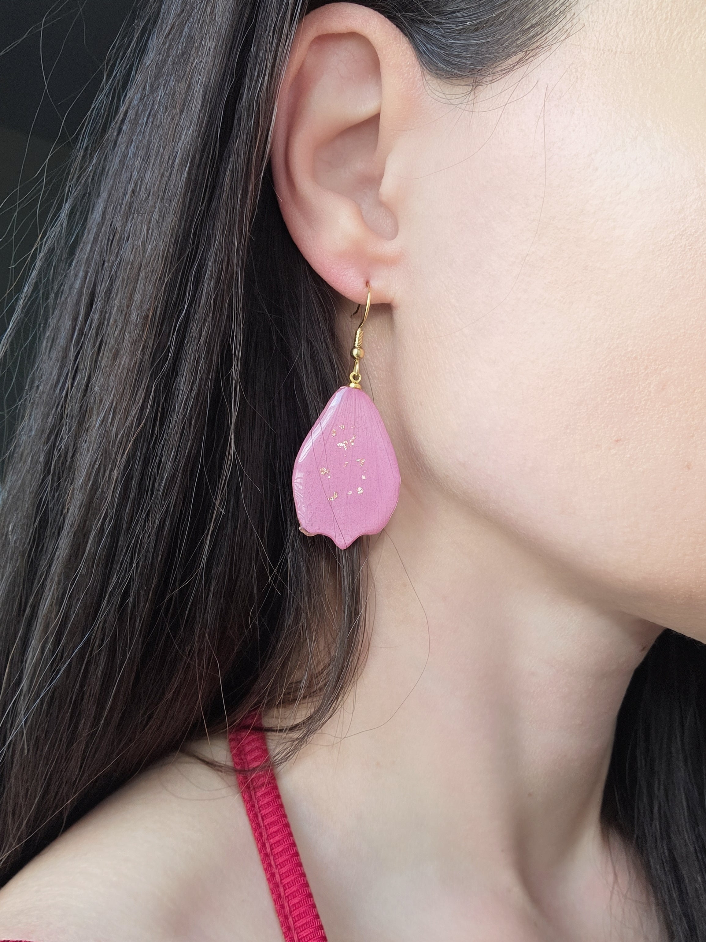 Red rose preserved flower earrings in a botanical dangle design.