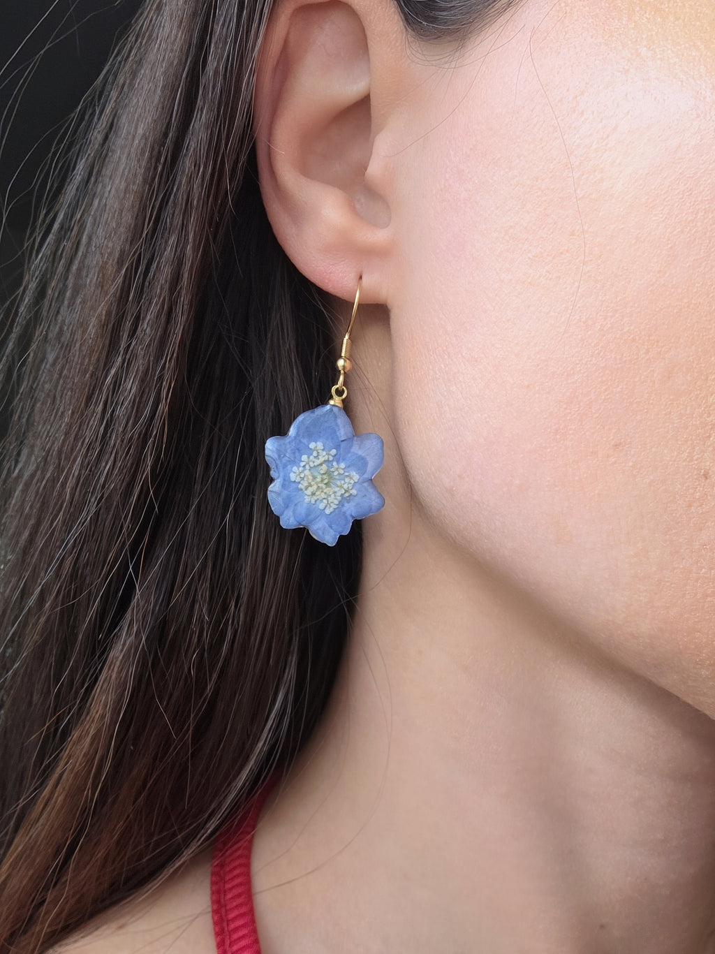 Blue hydrangea pressed flower earrings handcrafted with real flowers.
