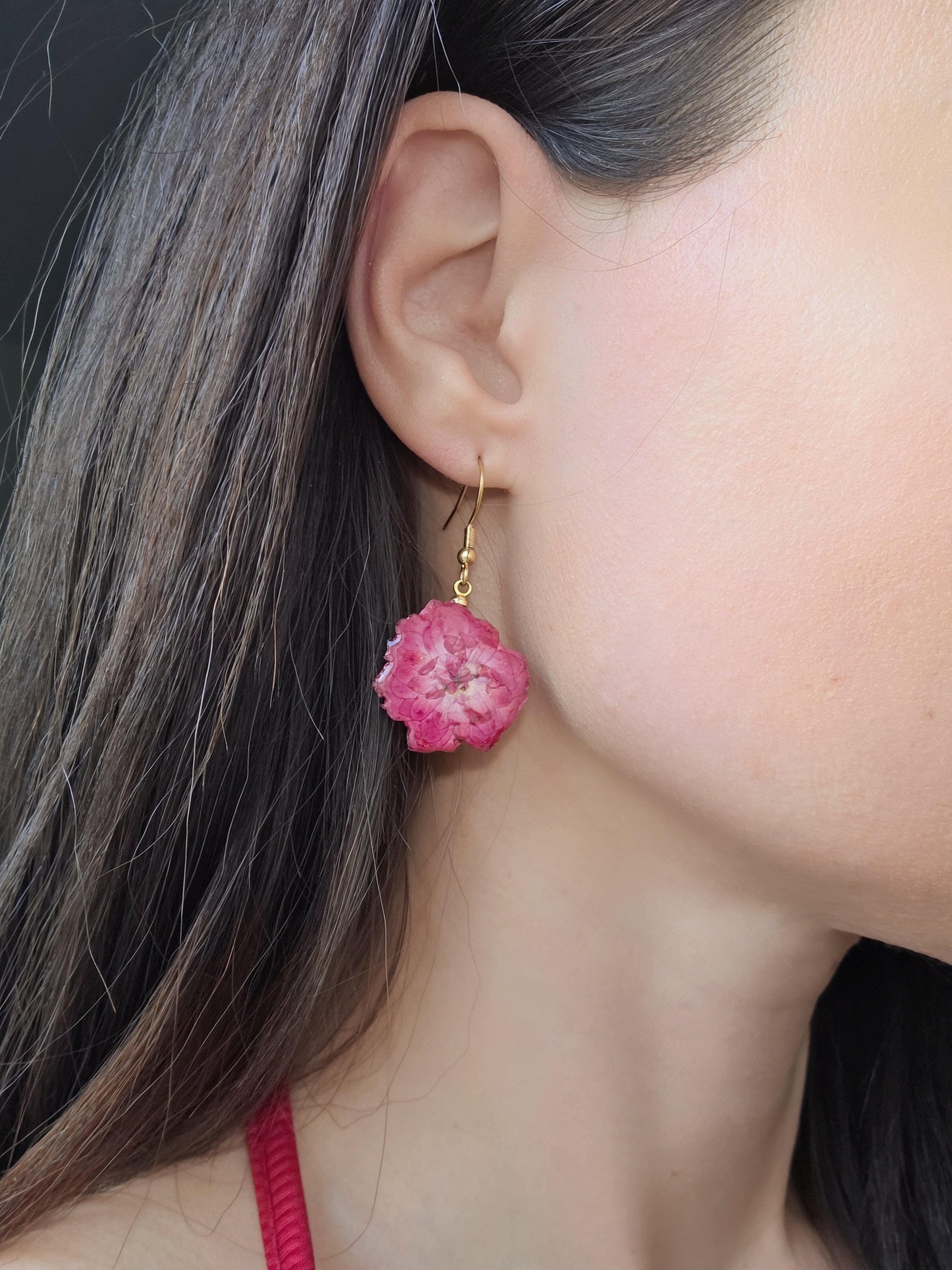 Botanical floral dangle earrings handcrafted with real preserved flowers.