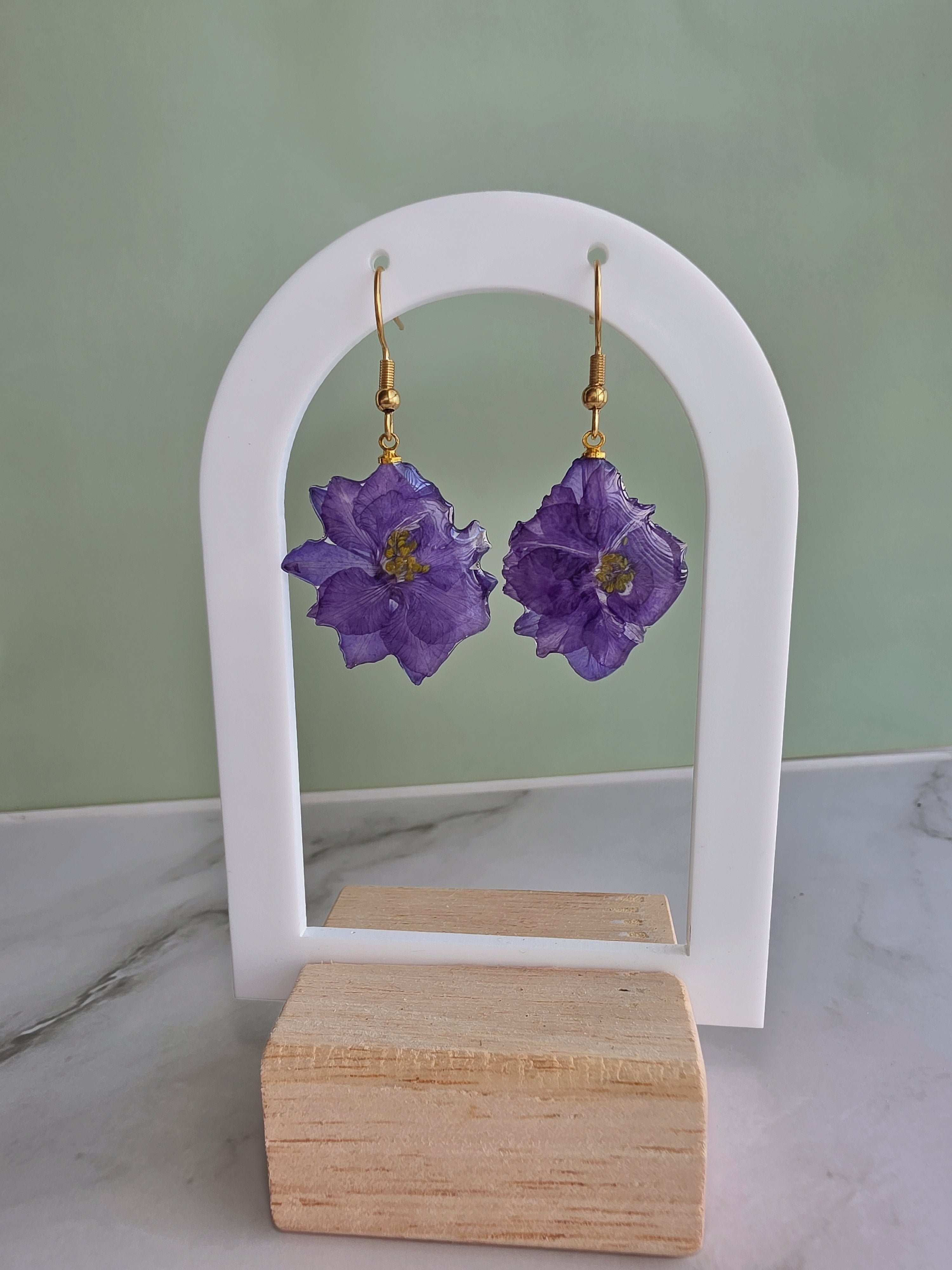 Purple hydrangea floral earrings with a 14K gold-plated finish.