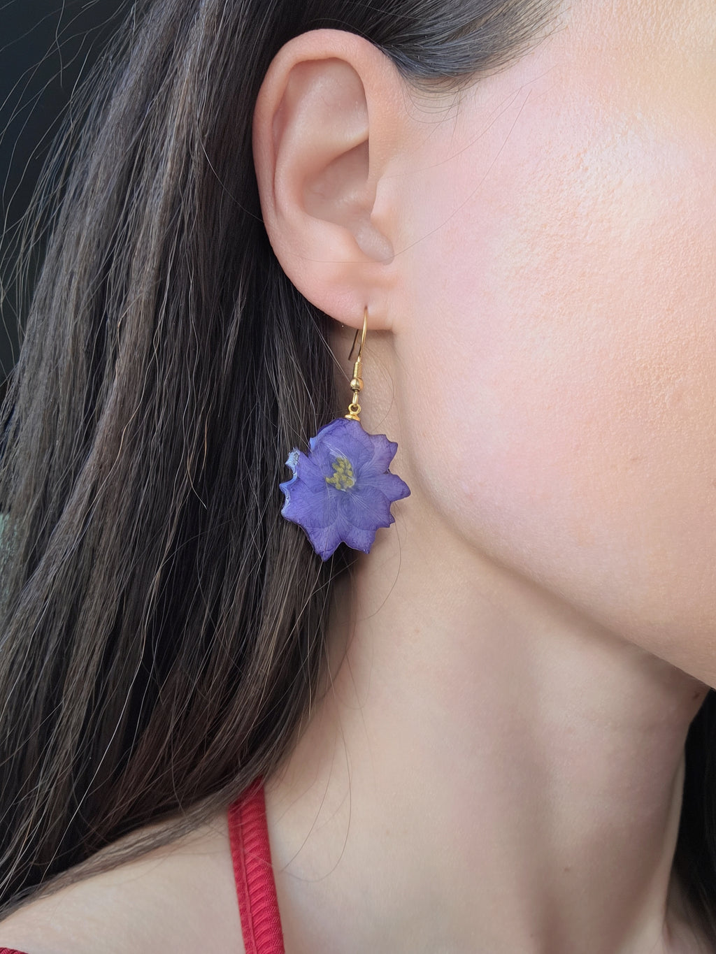 Purple hydrangea floral earrings with a 14K gold-plated finish.