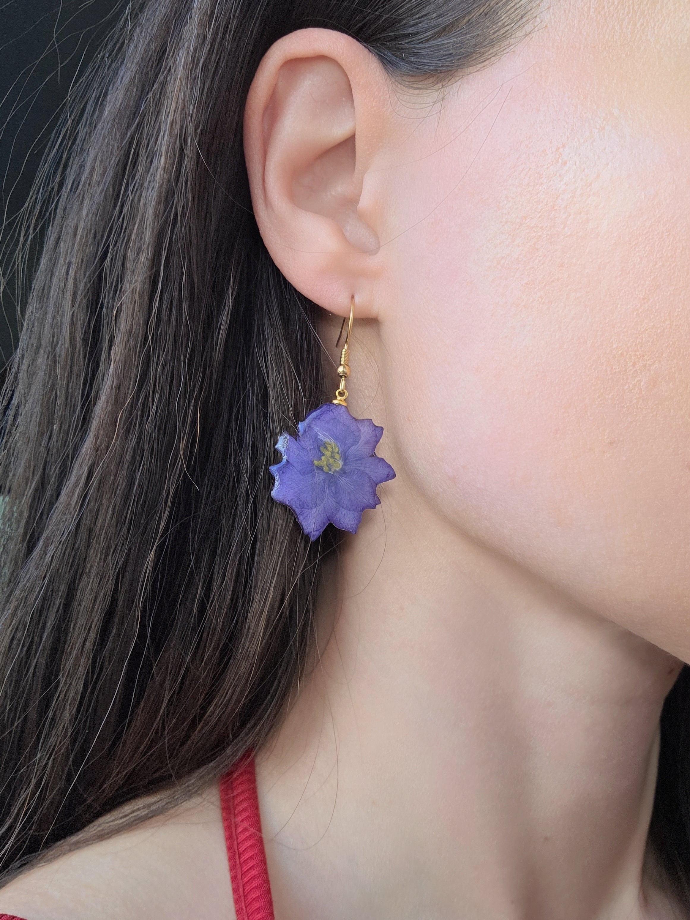 Purple hydrangea floral earrings with a 14K gold-plated finish.