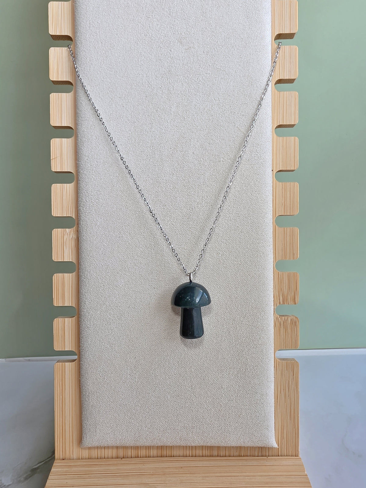 Woodland-inspired Moss Agate mushroom pendant for women.