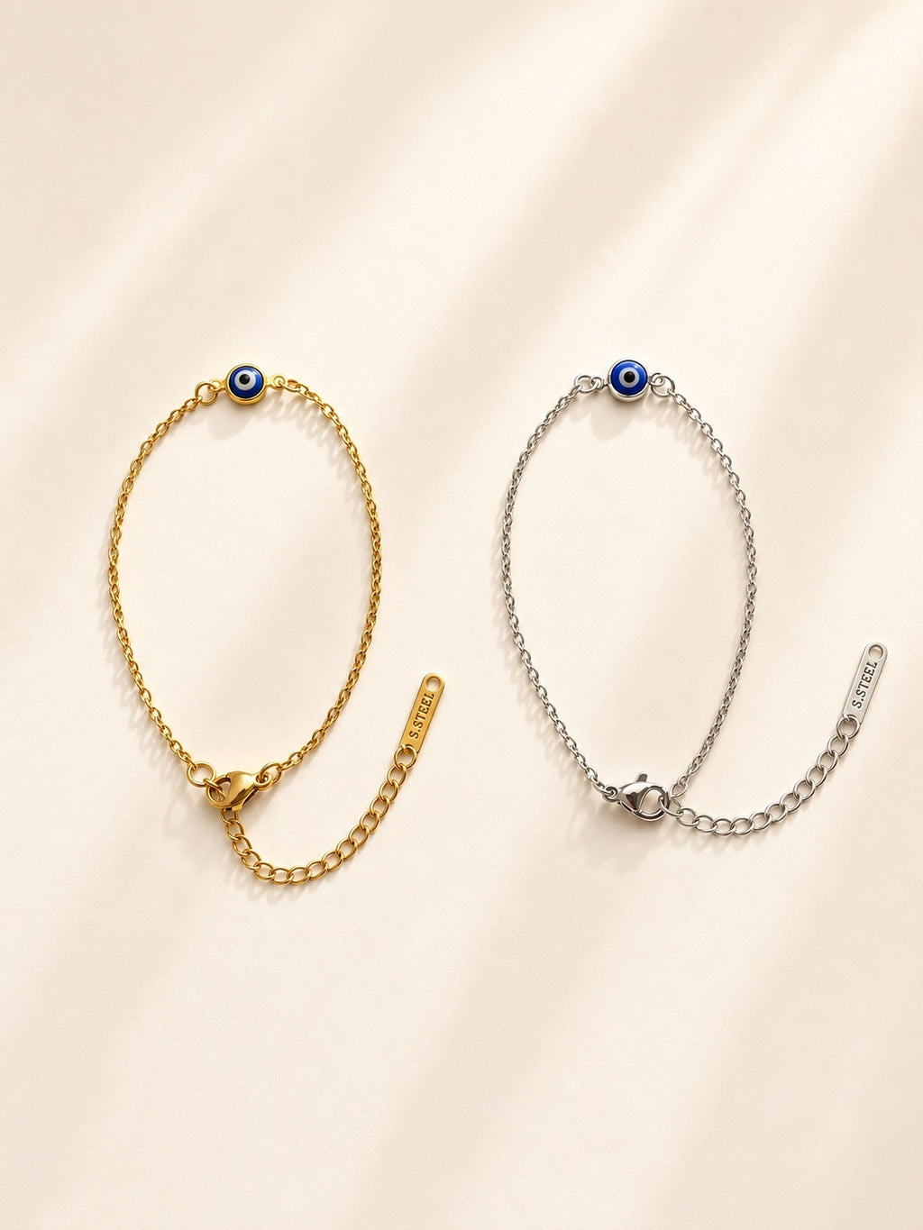 Evil Eye bracelet with a 14K gold-plated non-tarnish adjustable chain.