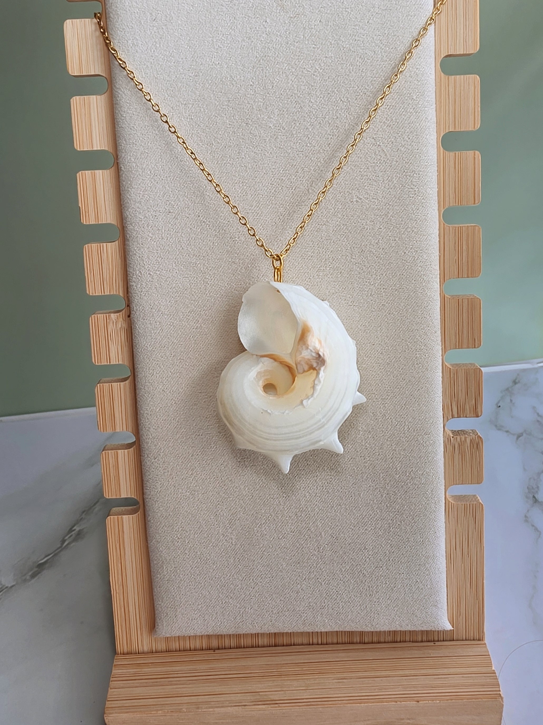 Natural seashell necklace featuring a polished 18K gold-plated pendant.