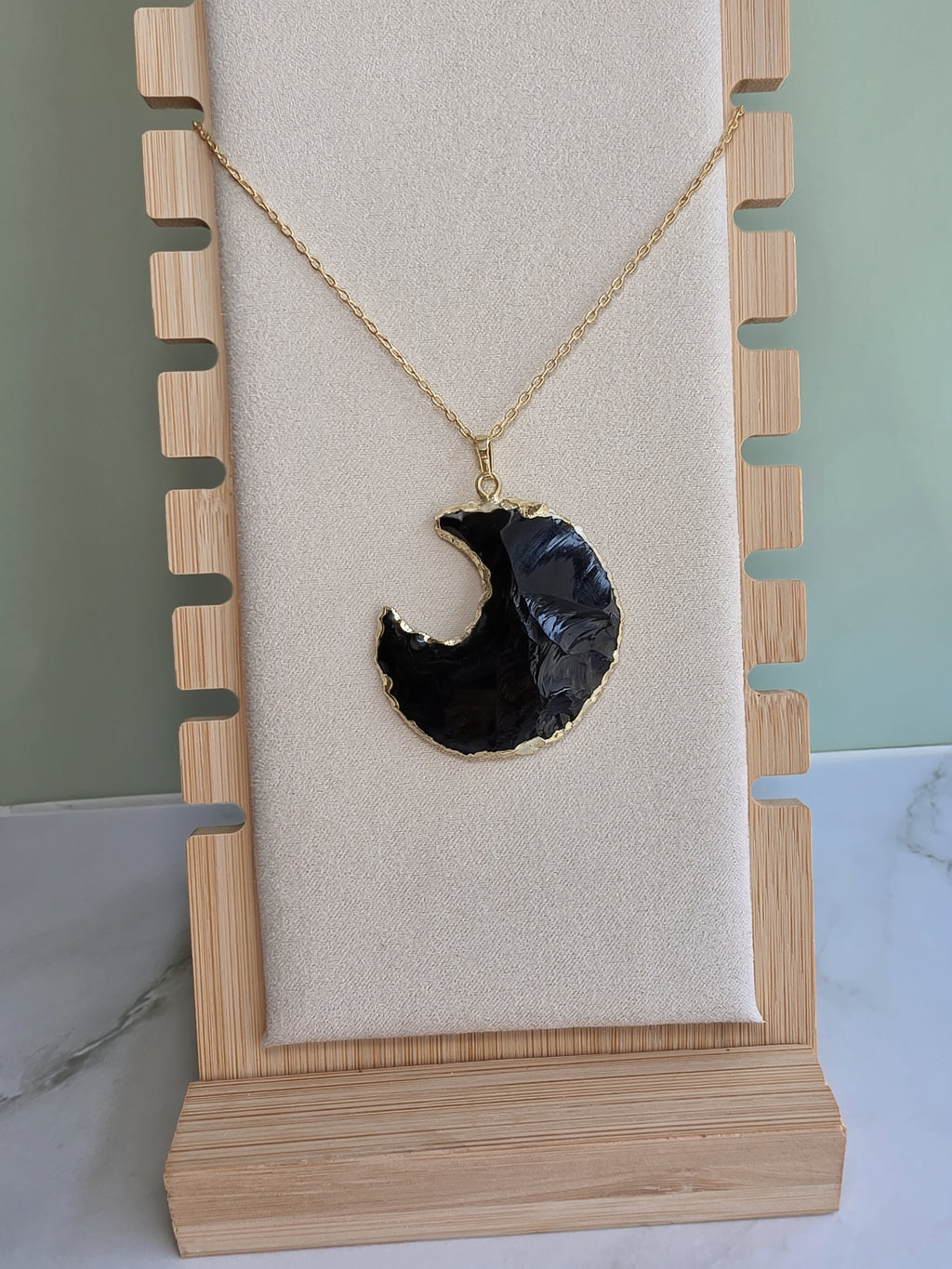 18K gold-plated Obsidian moon necklace for everyday wear.