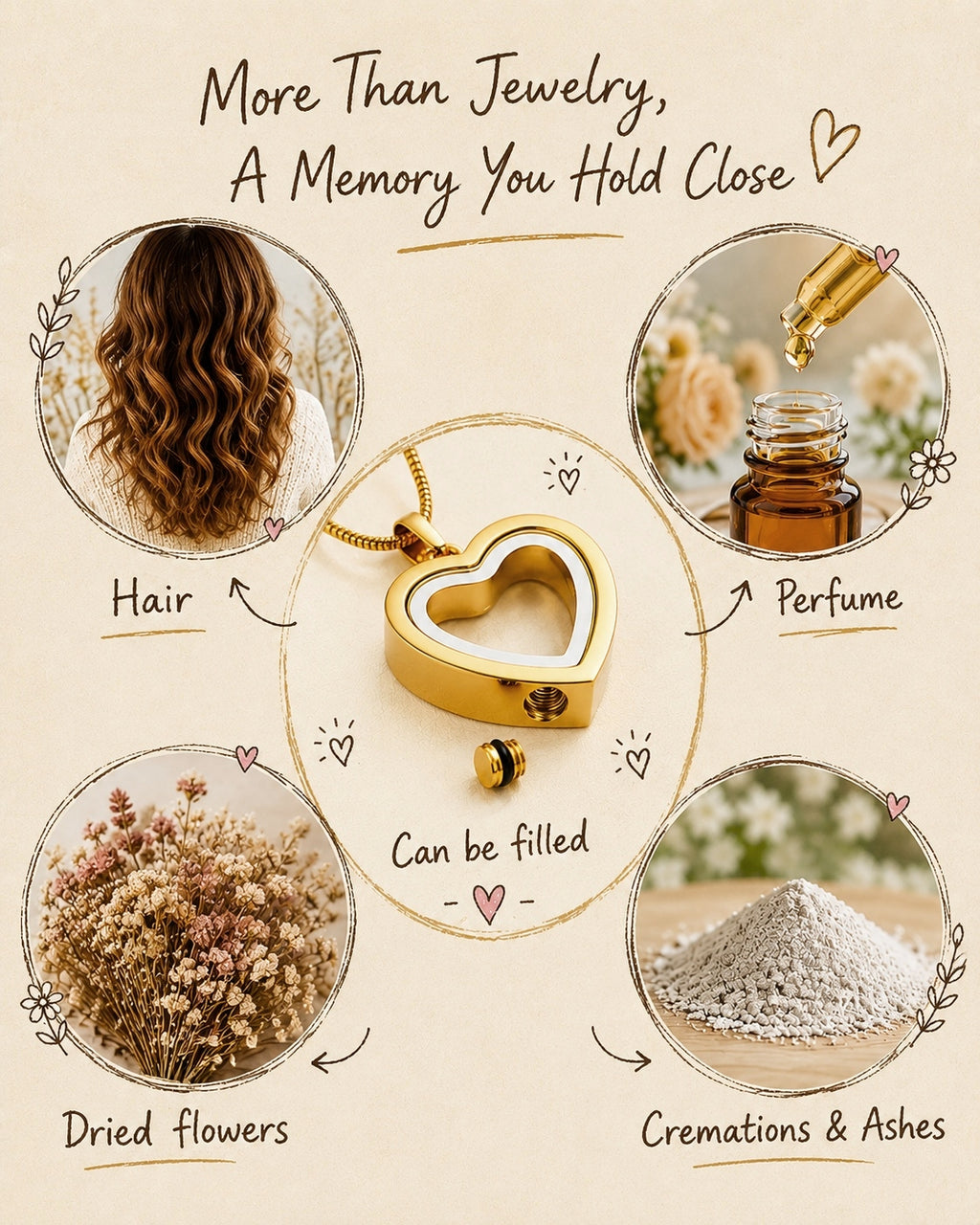 Heart urn necklace for ashes in 18K gold-plated and silver finishes, designed as a meaningful cremation memorial keepsake.