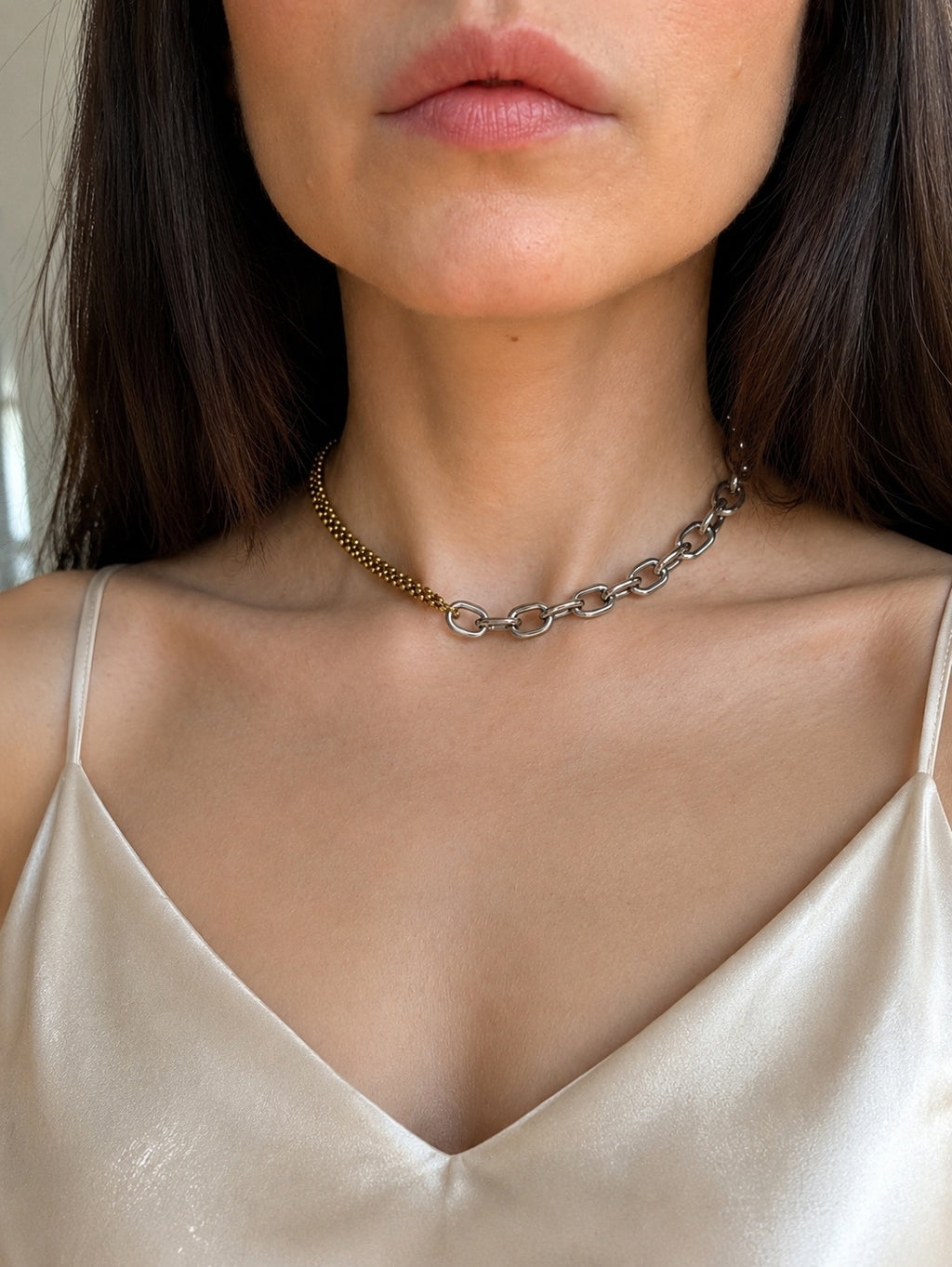 Non tarnish two-tone choker necklace in gold and silver.
