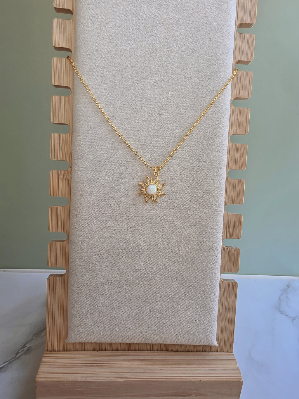 Gold Opal Sun necklace for everyday wear.