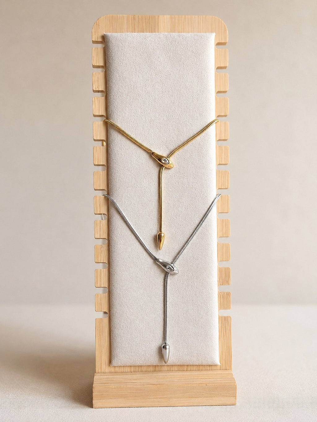 Minimalist herringbone snake chain lariat necklace.