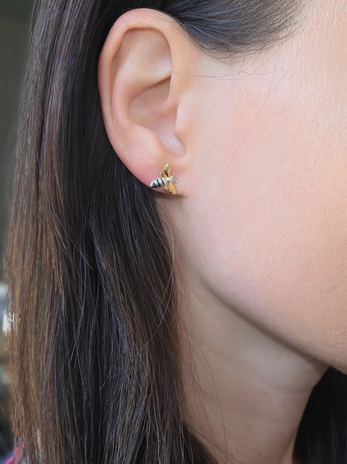 925 sterling silver bee earrings with gold wings.