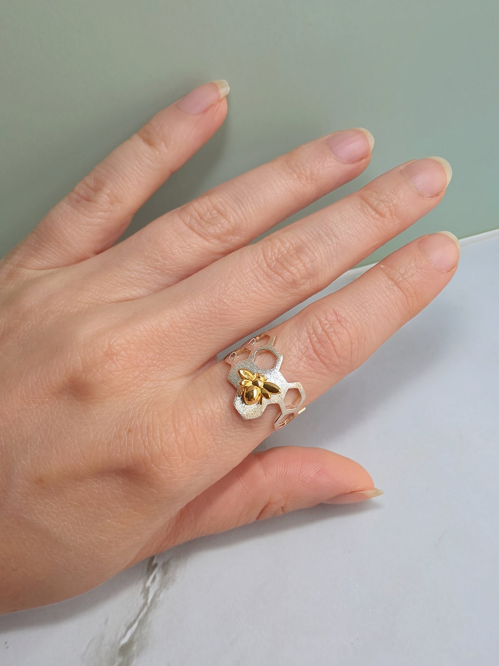 925 silver honeycomb ring with gold bee.