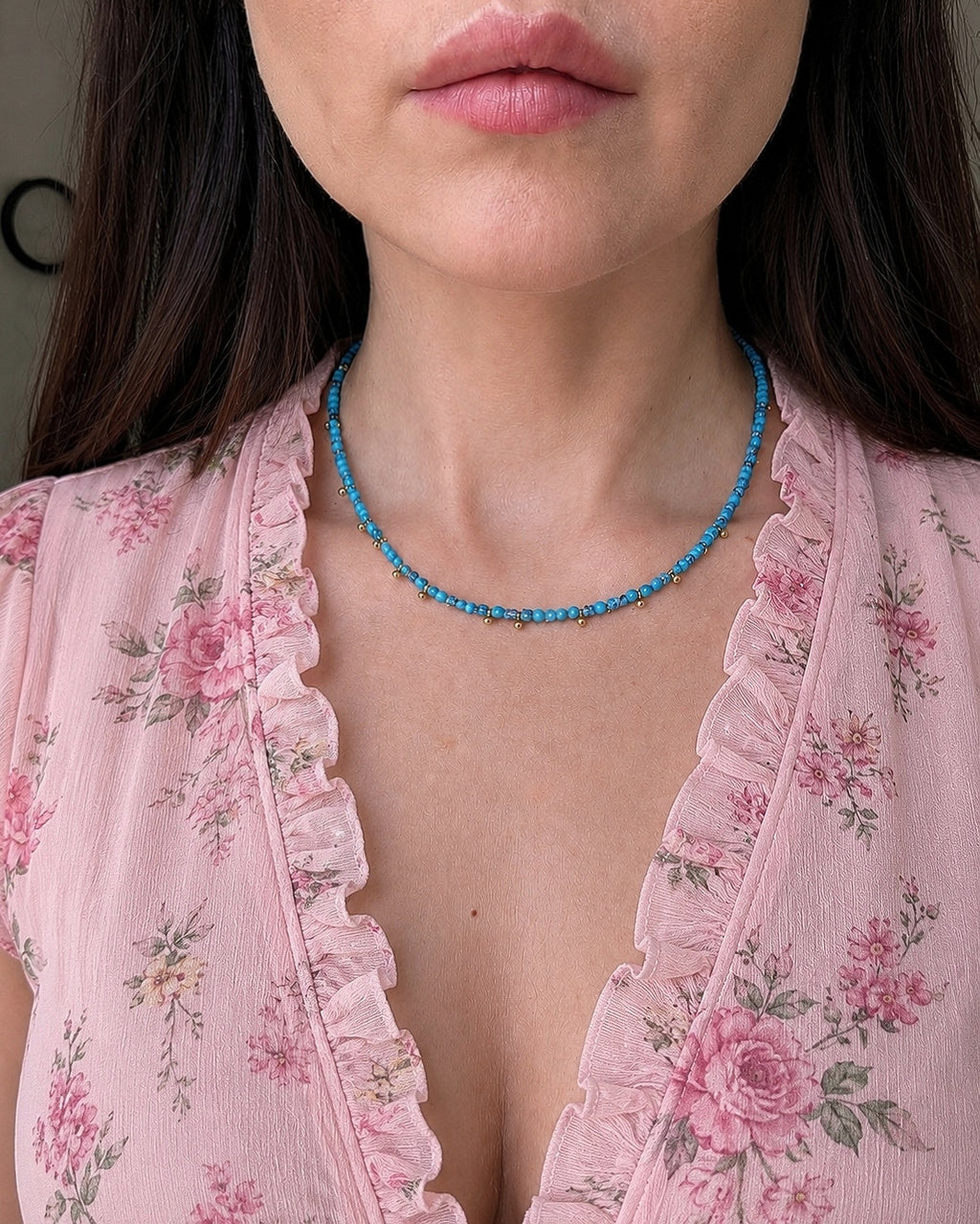 Boho turquoise necklace for summer outfits.