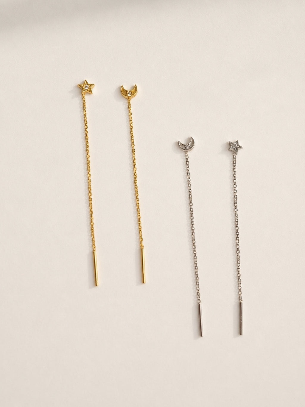 Moon and star threader earrings in 925 sterling silver with CZ.